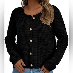 Elegant Black Textured Cardigan with Gold Accents